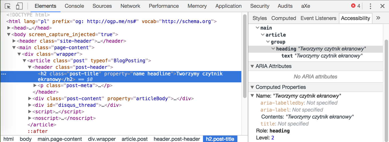 Screenshot otwartych narzędzi programistycznych Chrome, w których podglądany w zakładce Accessibility jest tag h2