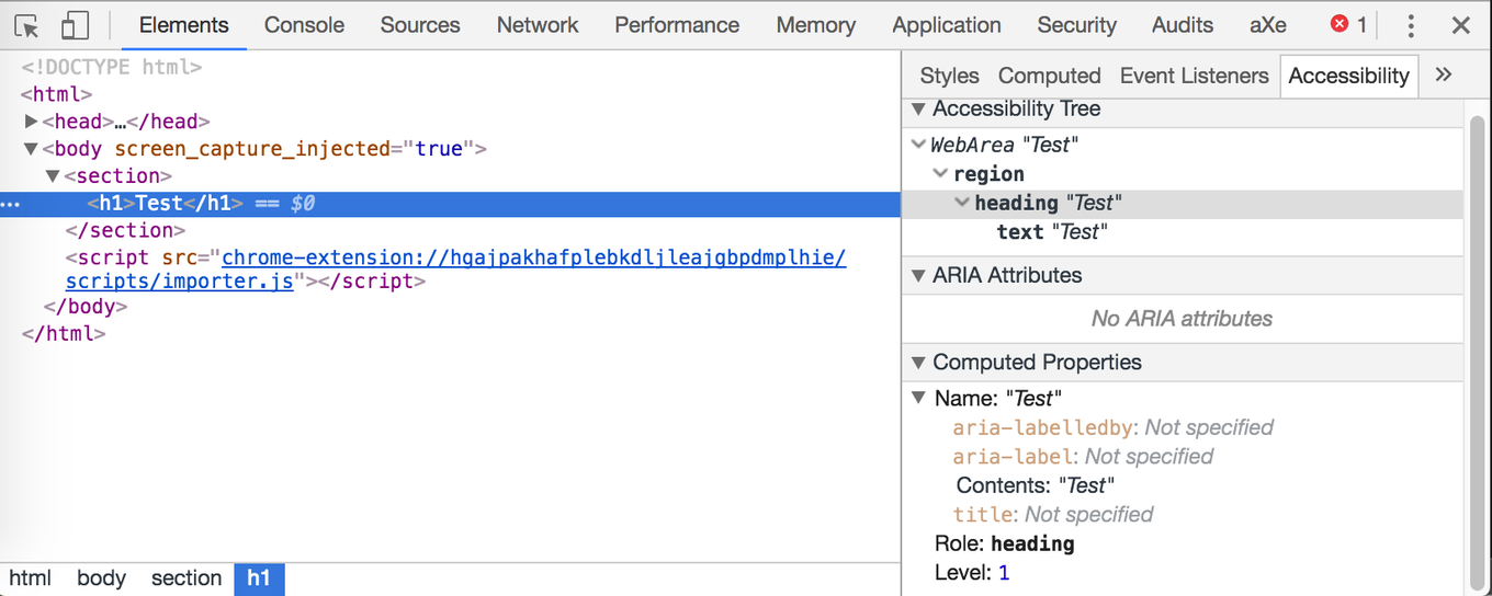 Screenshot otwartych narzędzi programistycznych Chrome, w których podglądany w zakładce Accessibility jest tag section > h1