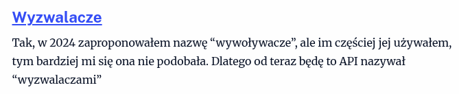 Fragment wpisu z czytnika kanałów: nagłówek "Wyzwalacze", pod którym znajduje się treść dygresji, bez ramki oraz widocznego nagłówka dygresja.