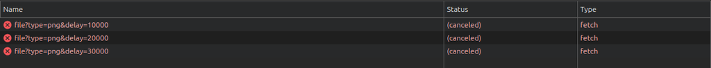 Zakładka Network w narzędziach developerskich Chrome'a: wszystkie trzy żądania po obrazki w usłudze Slowfil.es są oznaczone jako anulowane.